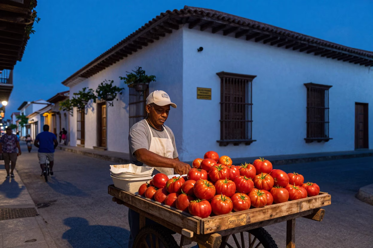 Cartagena Colombia Evening Blue Hour Street Scene with Tomatoes and Local Interaction in in Cartagena, Colombia