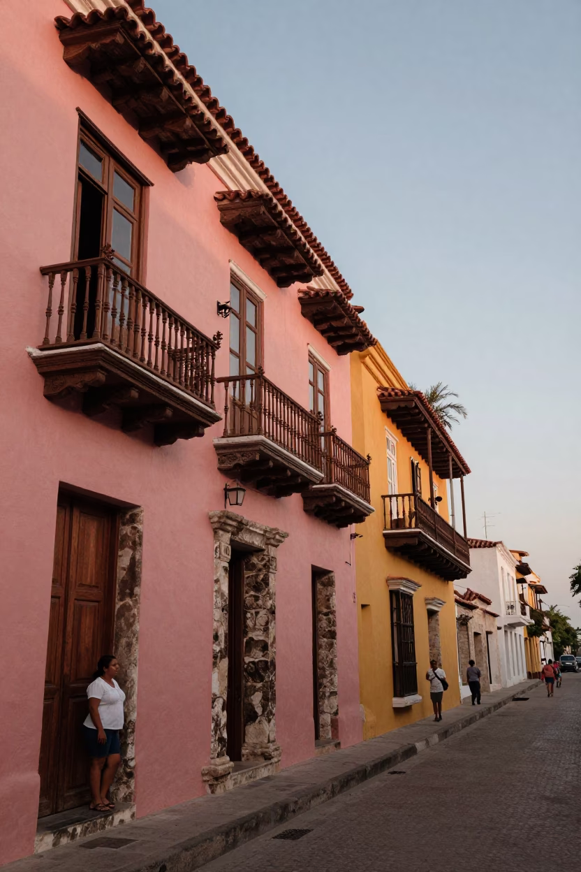 Cartagena Colombia evening light colonial balcony street scene with locals in in Cartagena, Colombia