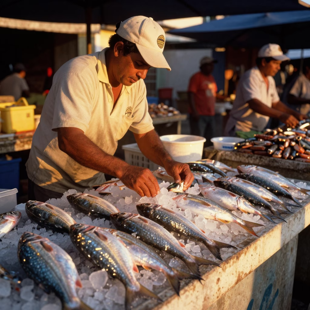 Cartagena Colombia Evening Light Fishmonger Arranging Catch on Ice in in Cartagena, Colombia