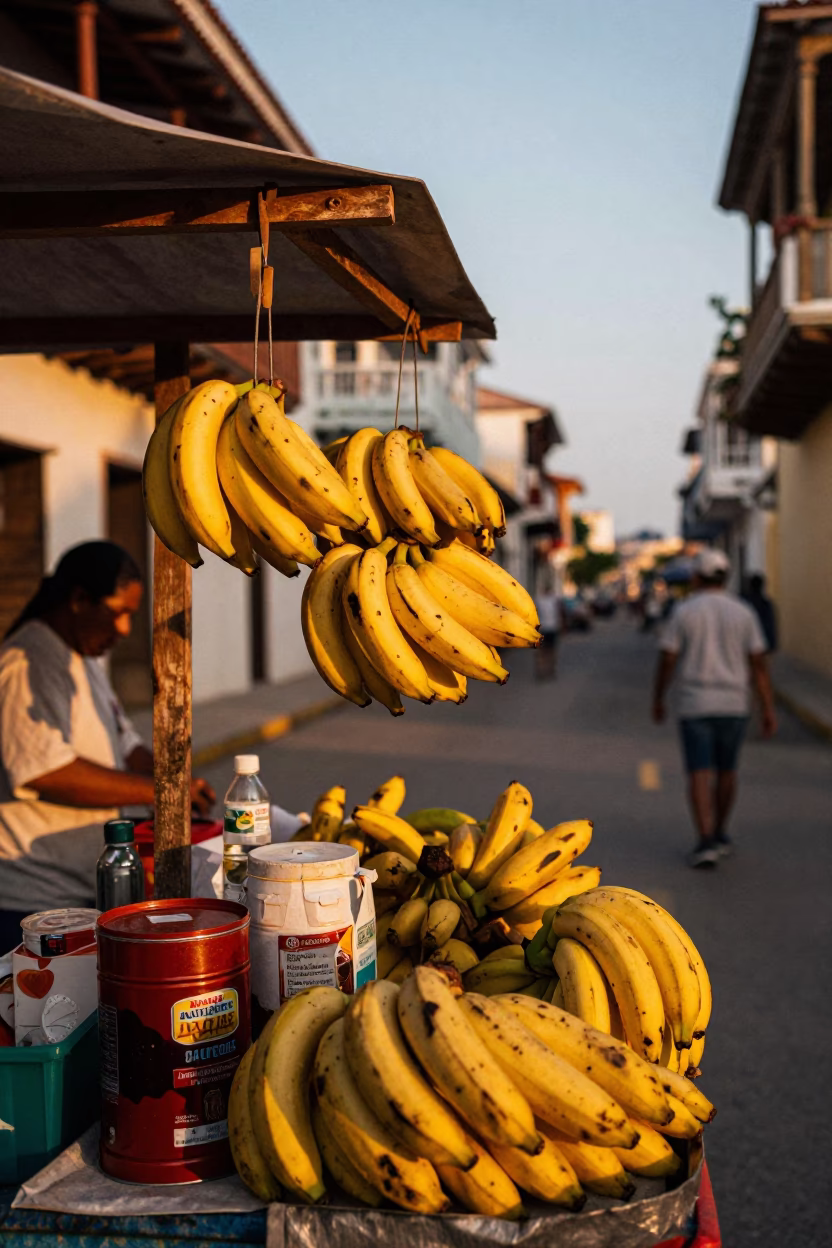 Cartagena Colombia Evening Market Stall with Bananas and Coffee Tin in in Cartagena, Colombia