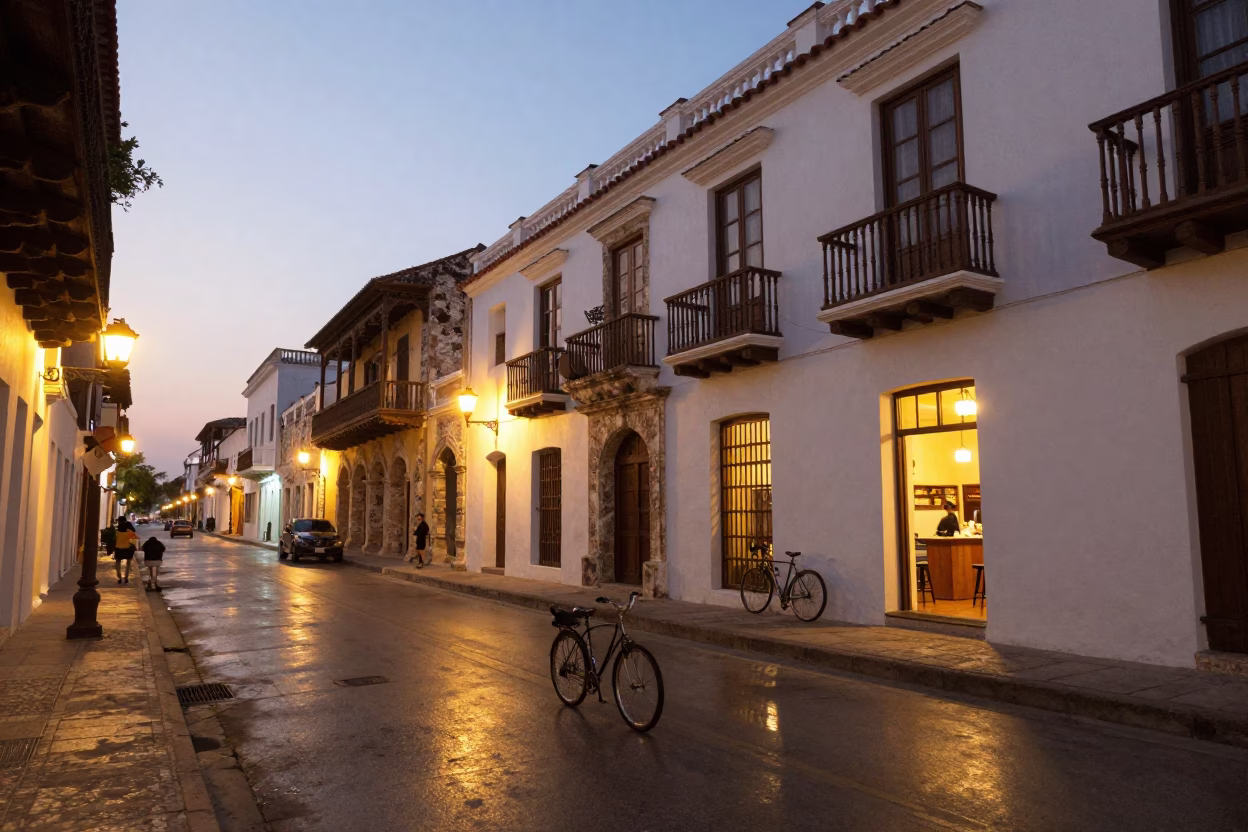 Cartagena Colombia Evening Street Scene with Bicycle and Colonial Architecture in in Cartagena, Colombia