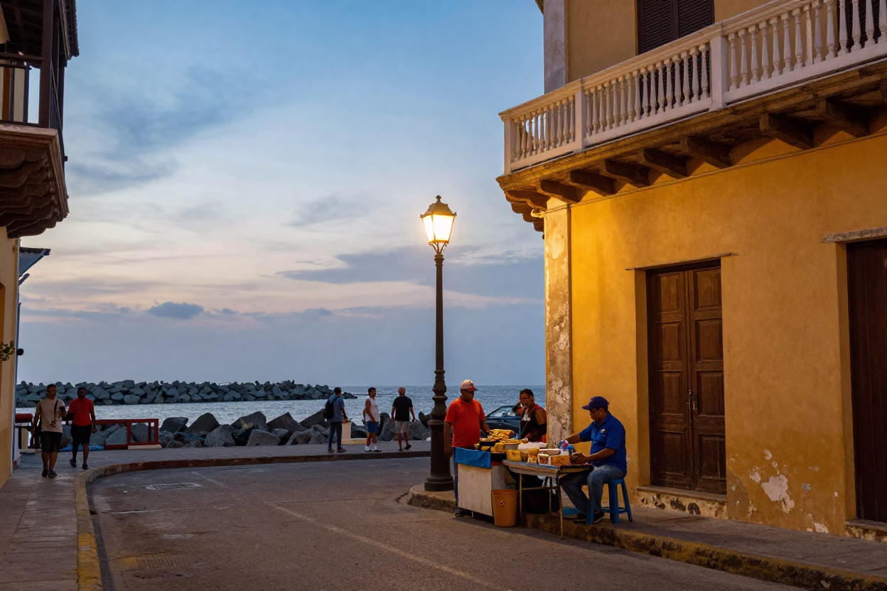 Cartagena Colombia Evening Street Scene with Blue Hour Sky and Harbor Breakwater in in Cartagena, Colombia