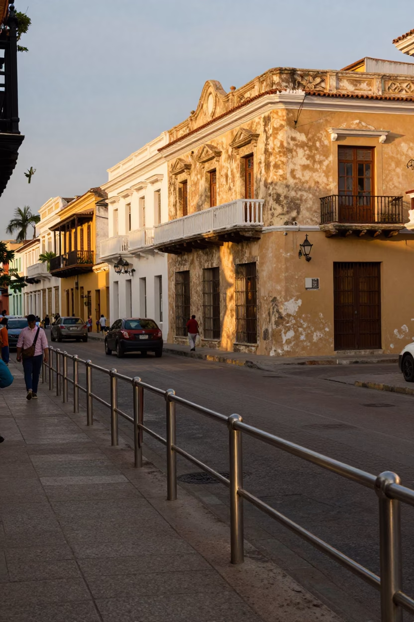 Cartagena Colombia Evening Street Scene with Brushed Steel Rail and Magnolia Bloom in in Cartagena, Colombia