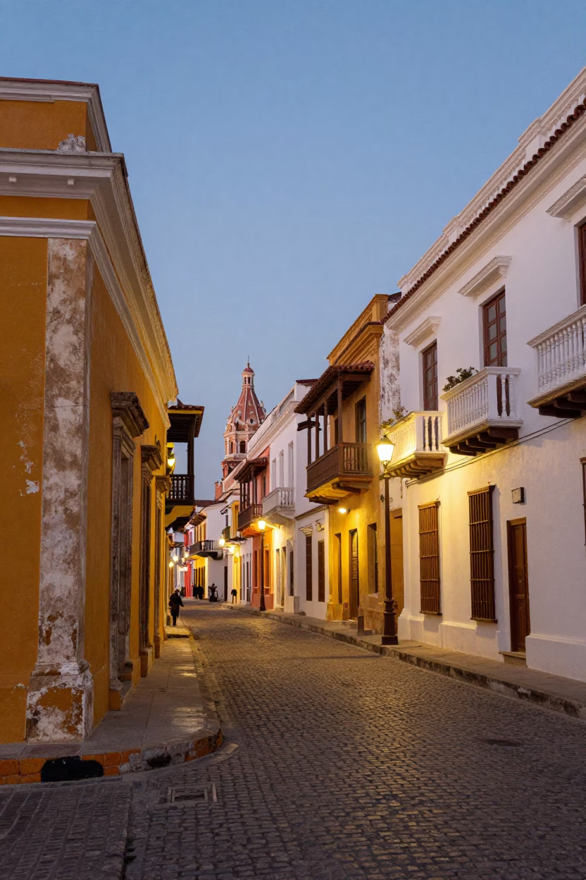 Cartagena Colombia Evening Street Scene with Colonial Architecture and Local Life in in Cartagena, Colombia
