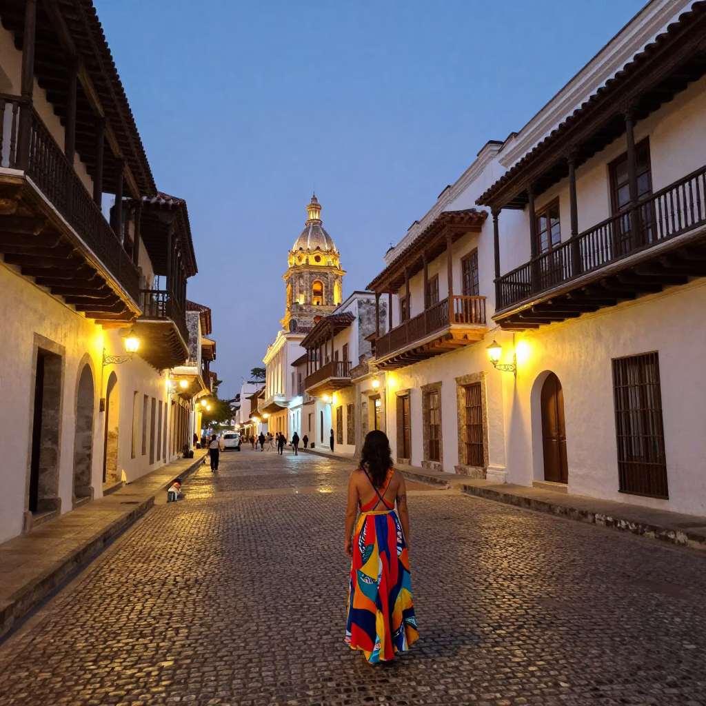 Cartagena Colombia Evening Street Scene with Colonial Balconies and Local Life in in Cartagena, Colombia