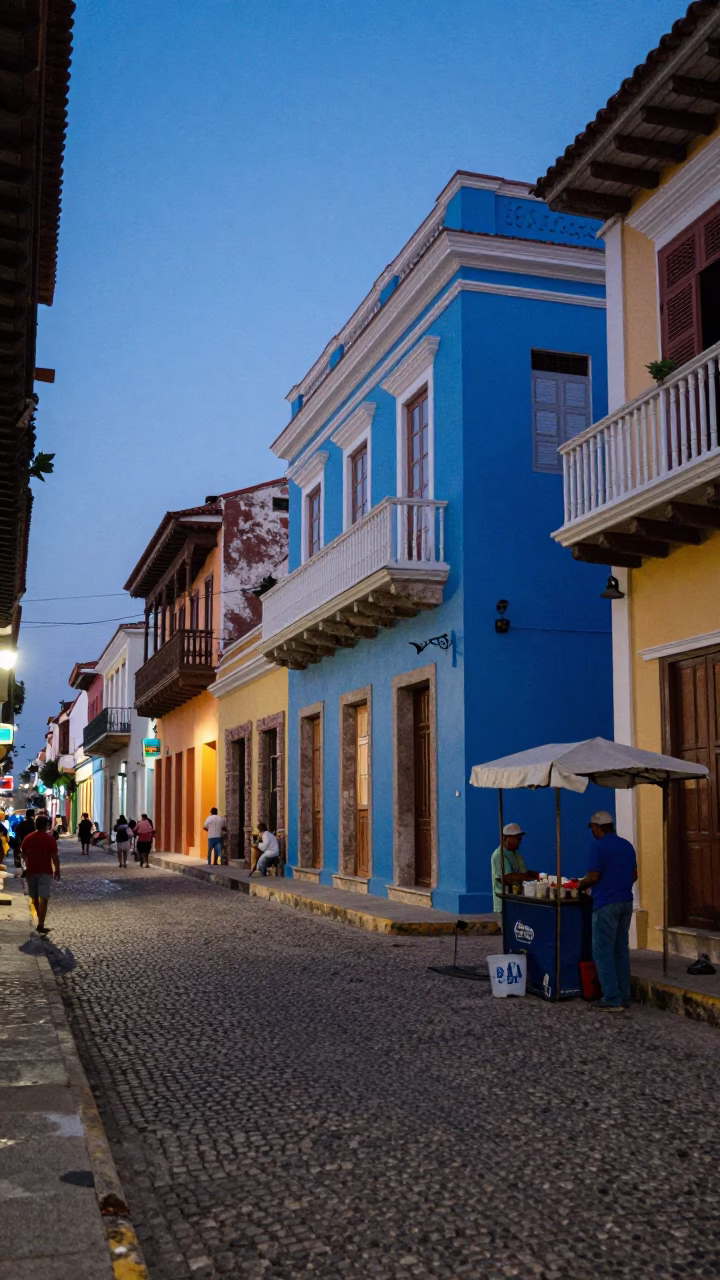 Cartagena Colombia Evening Street Scene with Colorful Architecture and Local Life in in Cartagena, Colombia