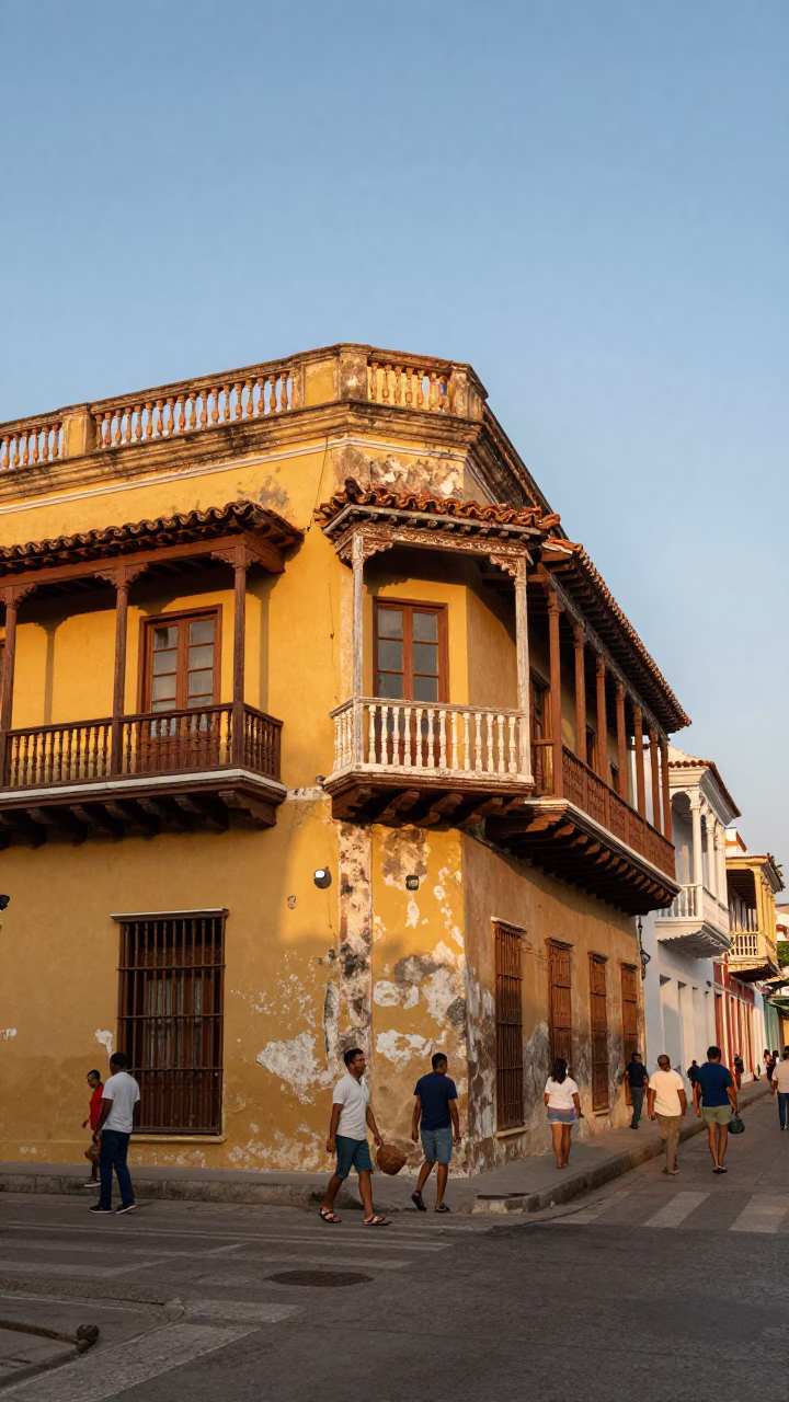 Cartagena Colombia Evening Street Scene with Colorful Colonial Balconies and Local Life in in Cartagena, Colombia