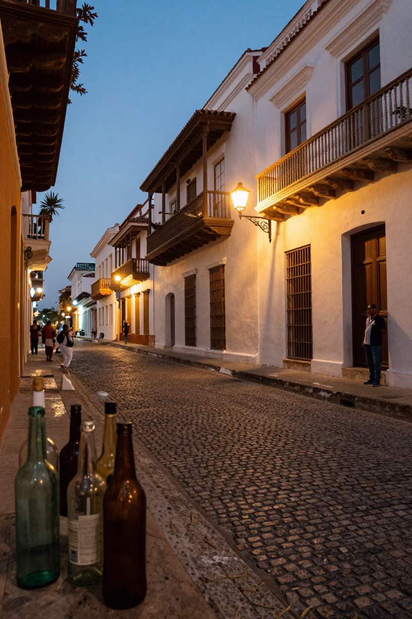 Cartagena Colombia Evening Street Scene with Glass Bottles and Vintage Details in in Cartagena, Colombia
