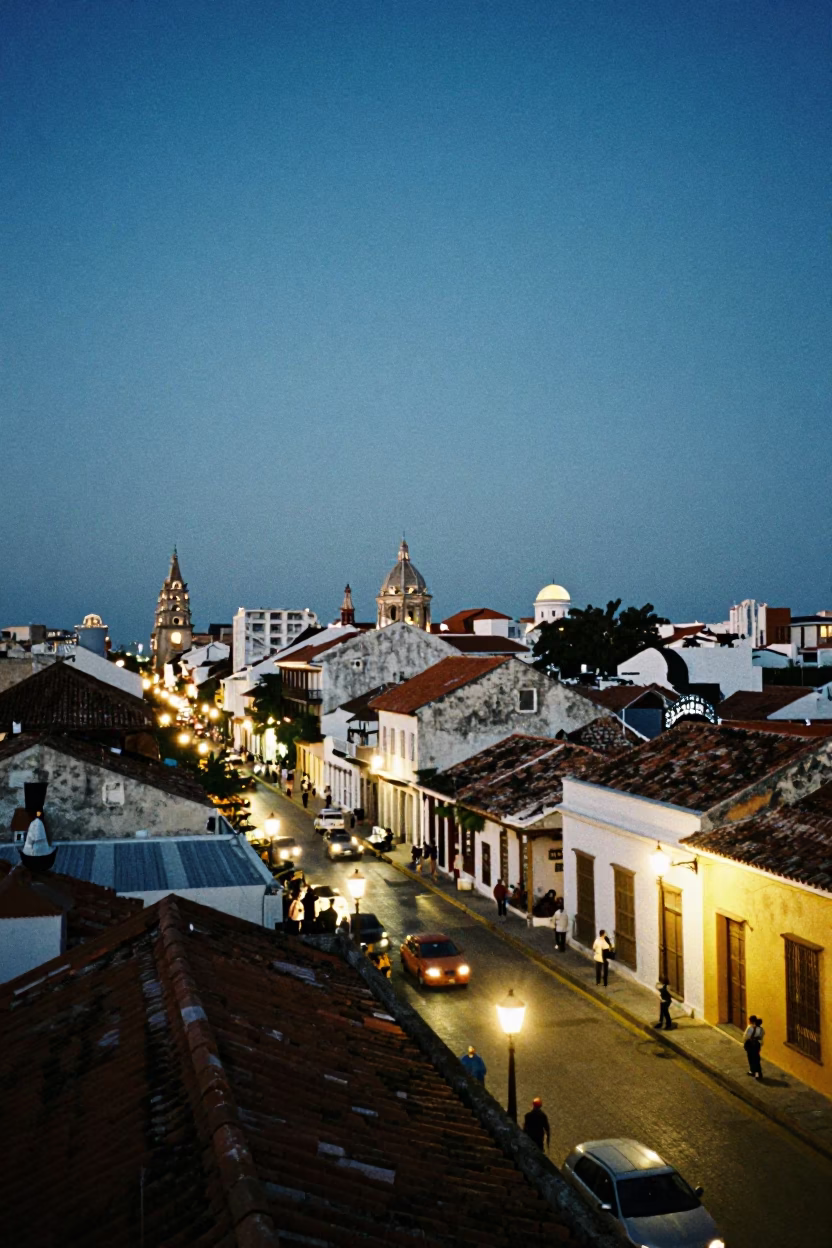 Cartagena Colombia Evening Street Scene with Lantern and Rooftop Water Tower at Dusk in in Cartagena, Colombia