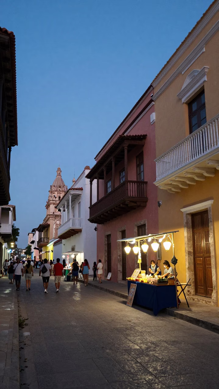 Cartagena Colombia Evening Street Scene with Lanterns and Local Life in in Cartagena, Colombia