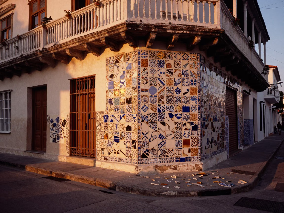 Cartagena Colombia Evening Street Scene with Mosaic Tile Fragments and Local Life in in Cartagena, Colombia