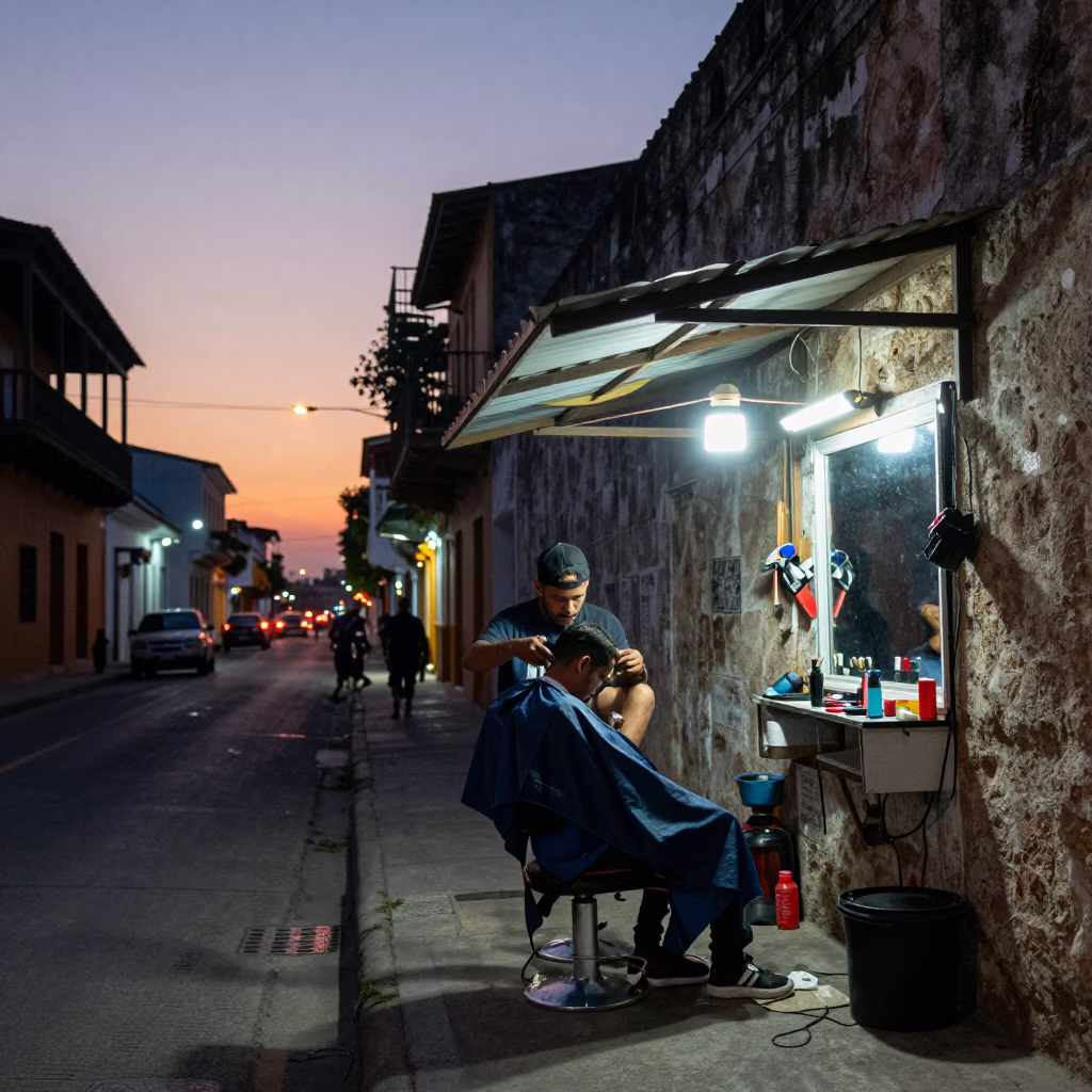 Cartagena Colombia Evening Street Scene with Open Air Barber Shop and City Lights in in Cartagena, Colombia