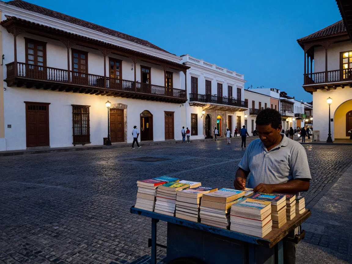 Cartagena Colombia Evening Street Scene with Paperbacks and Cobblestone Plaza in in Cartagena, Colombia
