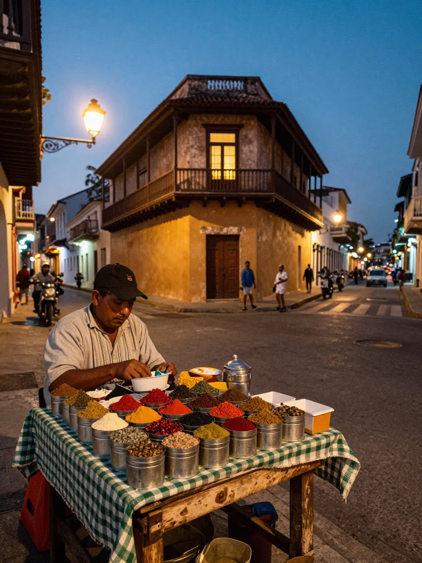 Cartagena Colombia evening street scene with spice tins and local market activity in in Cartagena, Colombia