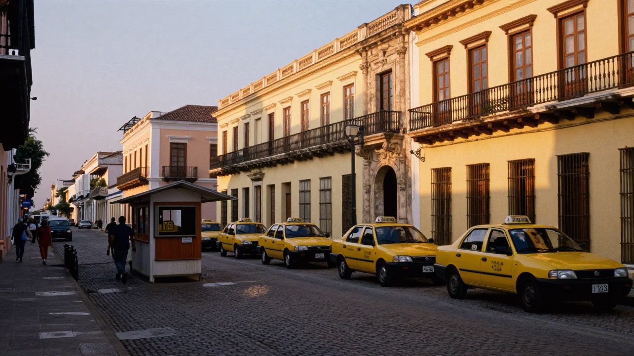 Cartagena Colombia Evening Street Scene with Taxi Rank and Historic Colonial Architecture in in Cartagena, Colombia