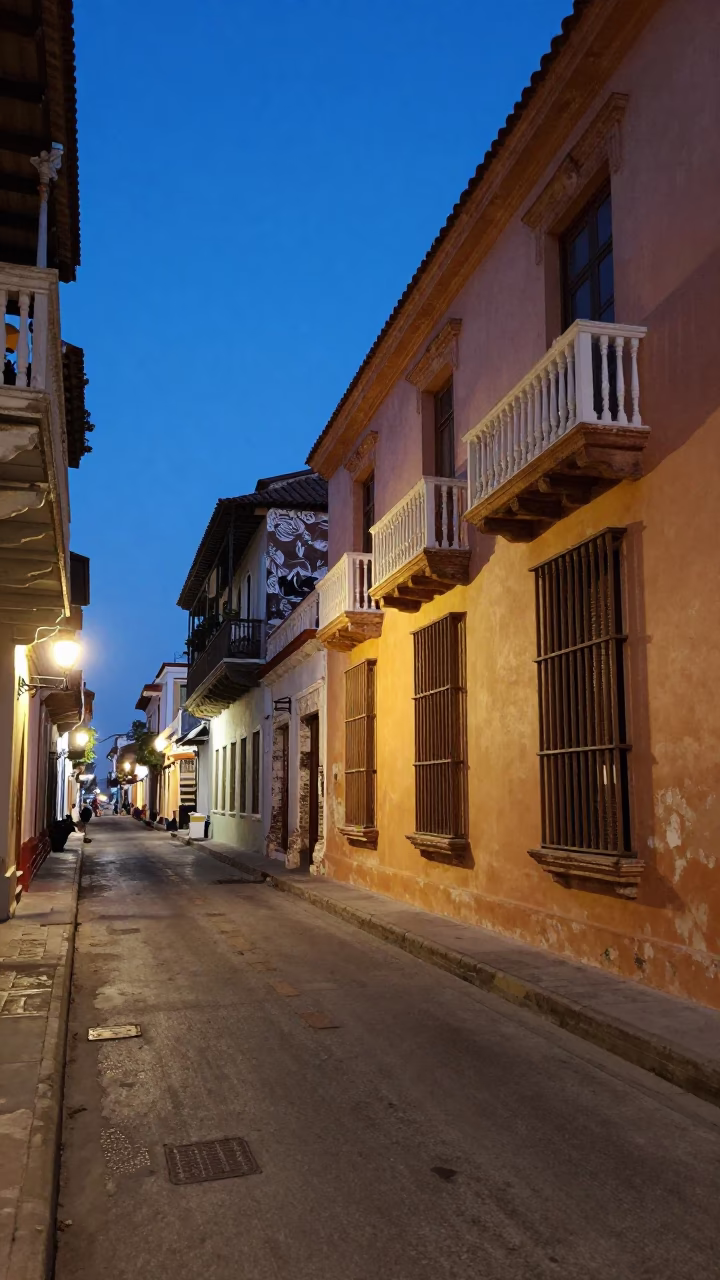Cartagena Colombia Evening Street Scene with Vintage 1980s Architecture and Local Life in in Cartagena, Colombia