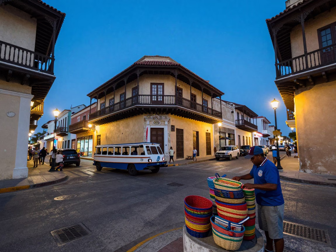 Cartagena Colombia Evening Street Scene with Water Taxi and Colonial Architecture in in Cartagena, Colombia