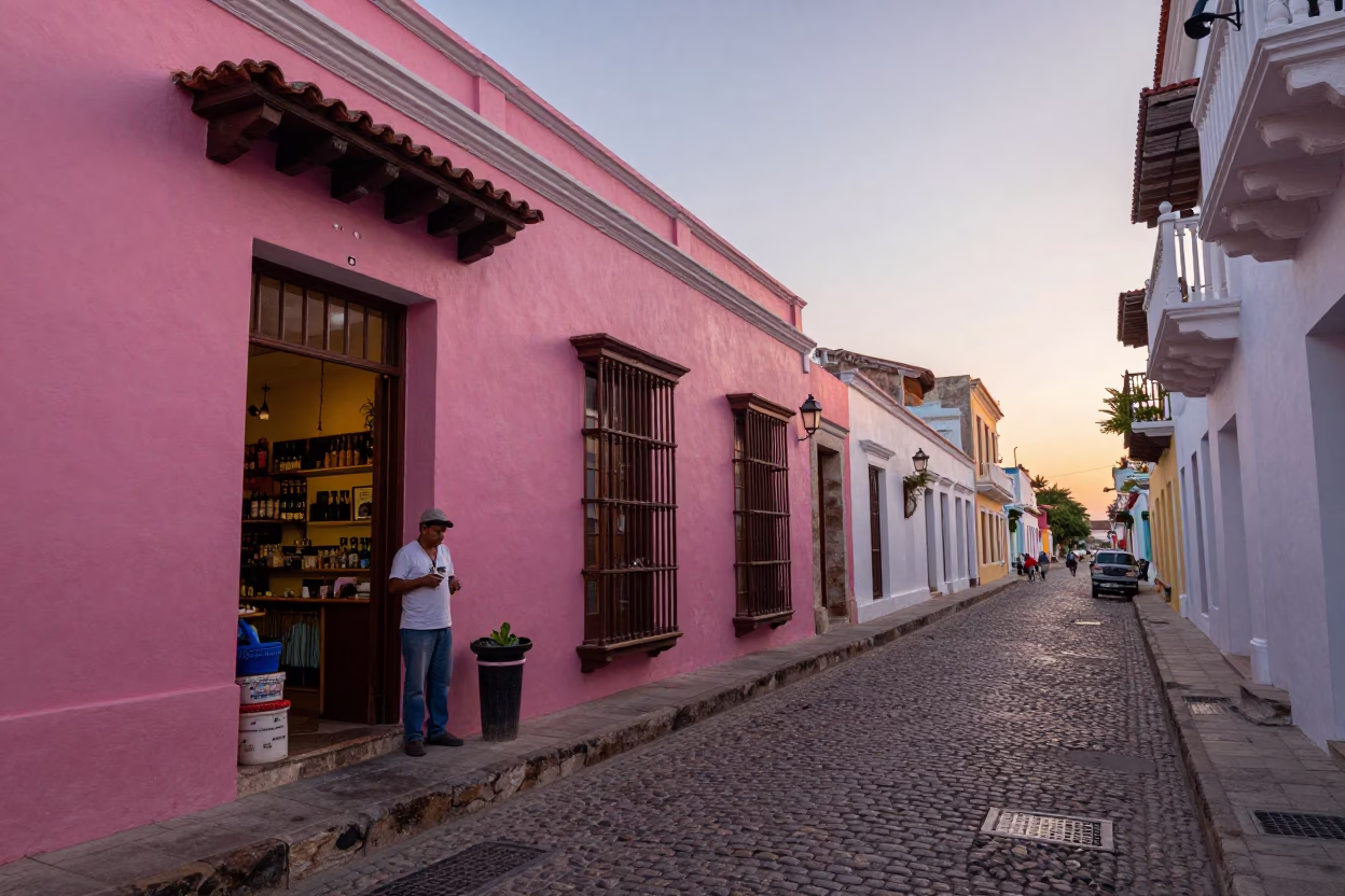 Cartagena Colombia First Light Dawn Colorful Street Scene with Tinsmith and Lantern in in Cartagena, Colombia