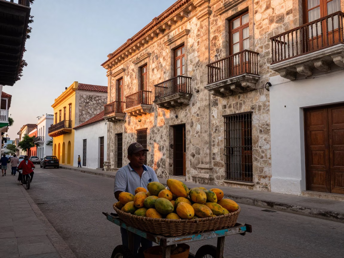 Cartagena Colombia First Light Dawn Street Scene With Papayas And Plumeria Petals in in Cartagena, Colombia