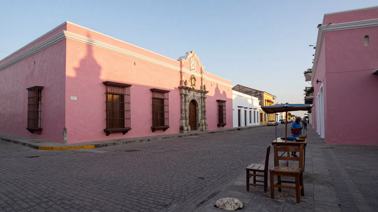 Cartagena Colombia First Light Street Scene with Chair and Fossil Discovery in in Cartagena, Colombia