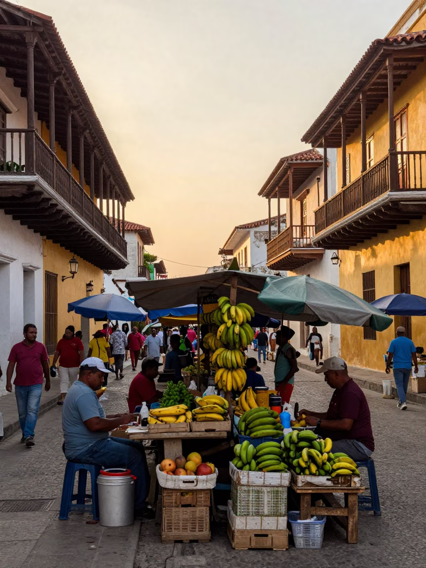 Cartagena Colombia Golden Hour Street Scene with Bananas and Local Market Activity in in Cartagena, Colombia