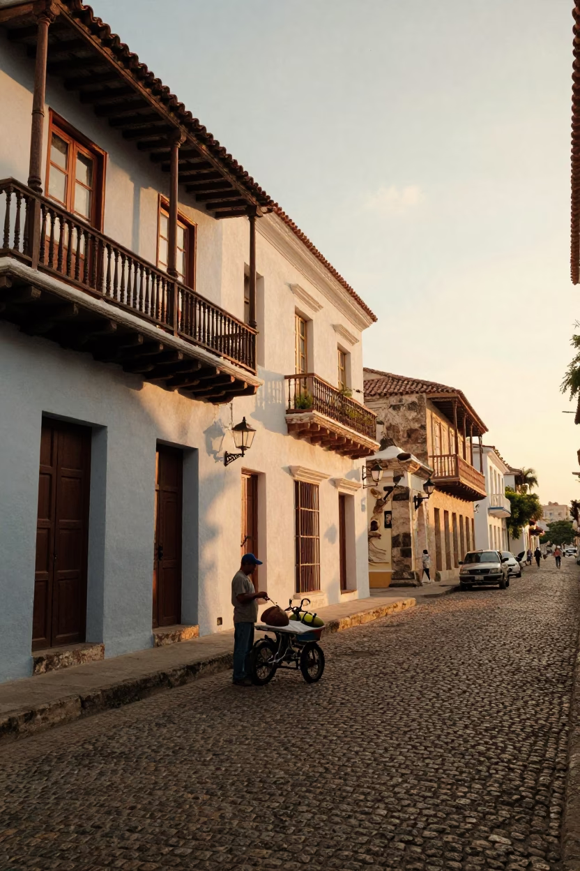 Cartagena Colombia Golden Hour Street Scene with Coconut Vendor and Historic Colonial Architecture in in Cartagena, Colombia