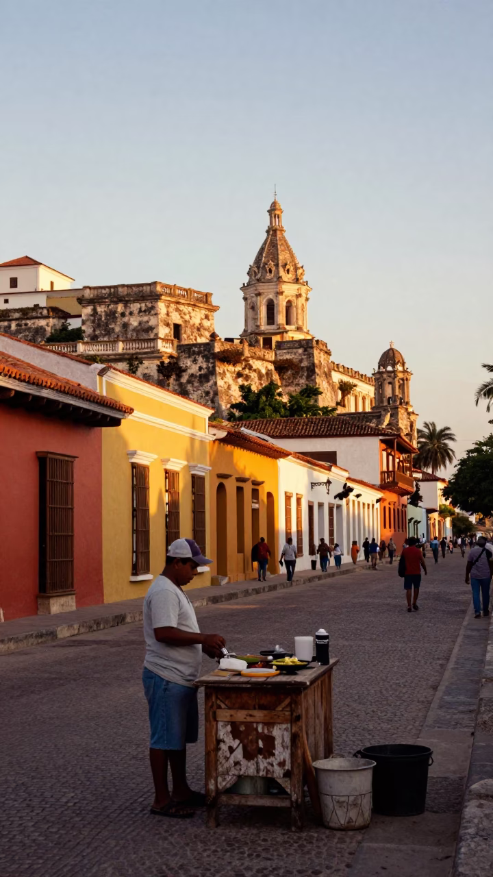 Cartagena Colombia Golden Hour Street Scene with Colonial Architecture and Local Activity in in Cartagena, Colombia
