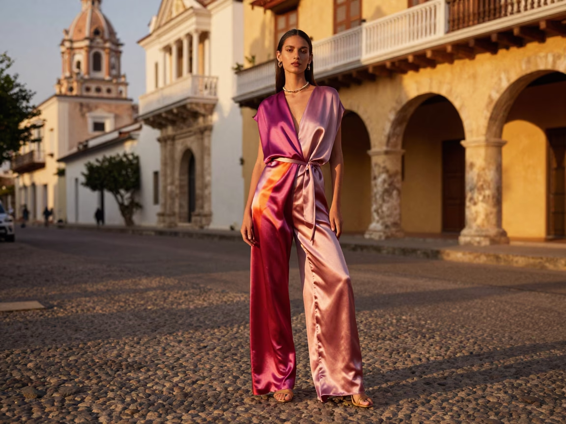 Cartagena Colombia High Fashion Portrait in Honeyed Evening Light on Historic Colonial Street in in Cartagena, Colombia