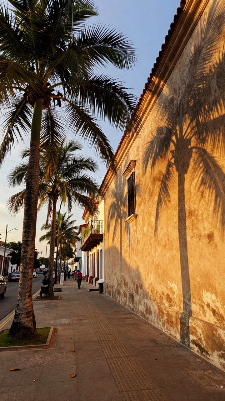 Cartagena Colombia honeyed evening light palm tree avenue and leaf shadows on plaster wall in in Cartagena, Colombia