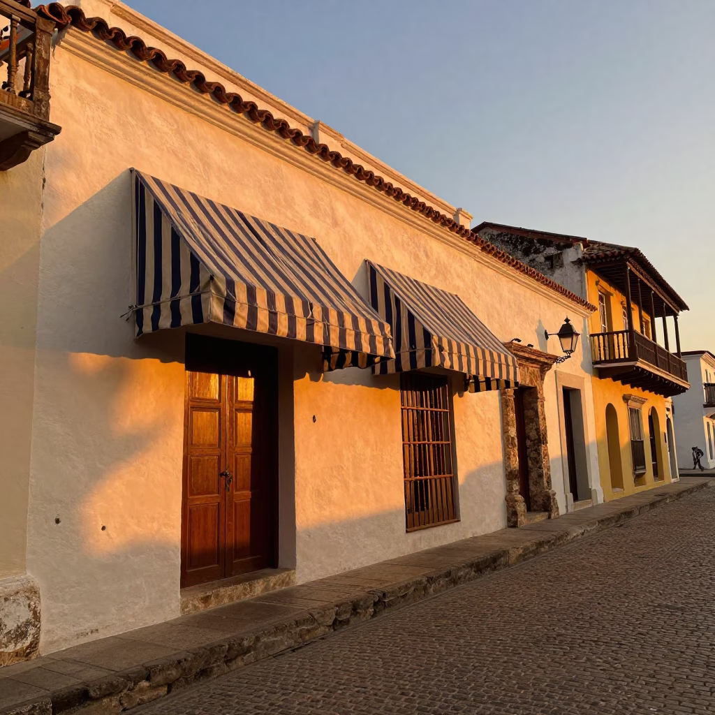 Cartagena Colombia Honeyed Evening Light Street Scene with Hotel Awning and Local Details in in Cartagena, Colombia