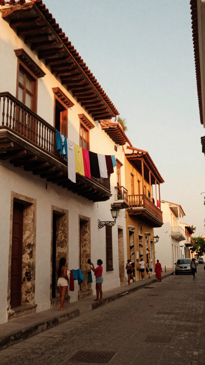 Cartagena Colombia Honeyed Evening Light Street Scene with Laundry and Vintage Details in in Cartagena, Colombia