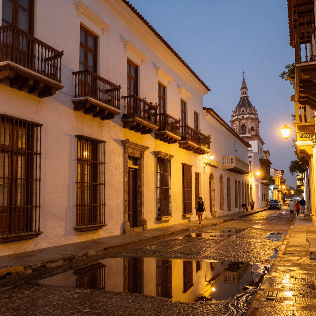 Cartagena Colombia Honeyed Evening Light Street Scene with Puddle Reflection and Glass Carafe in in Cartagena, Colombia