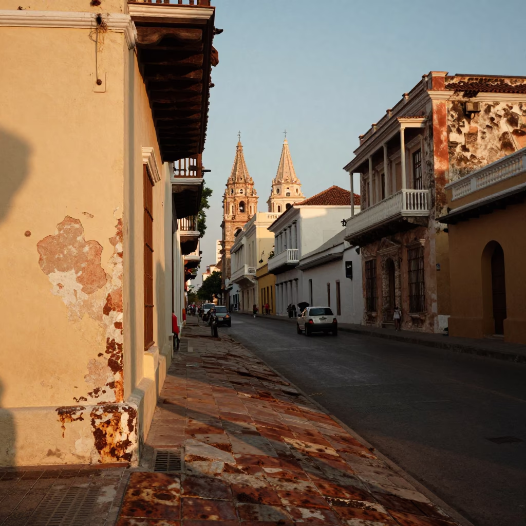 Cartagena Colombia honeyed evening light street scene with rusted tile and hibiscus in in Cartagena, Colombia