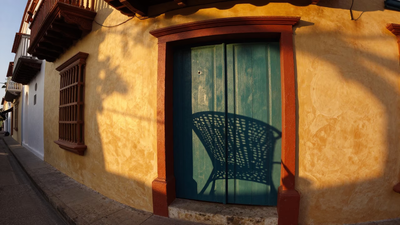 Cartagena Colombia honeyed evening light wicker shadow on doorframe colorful street scene in in Cartagena, Colombia