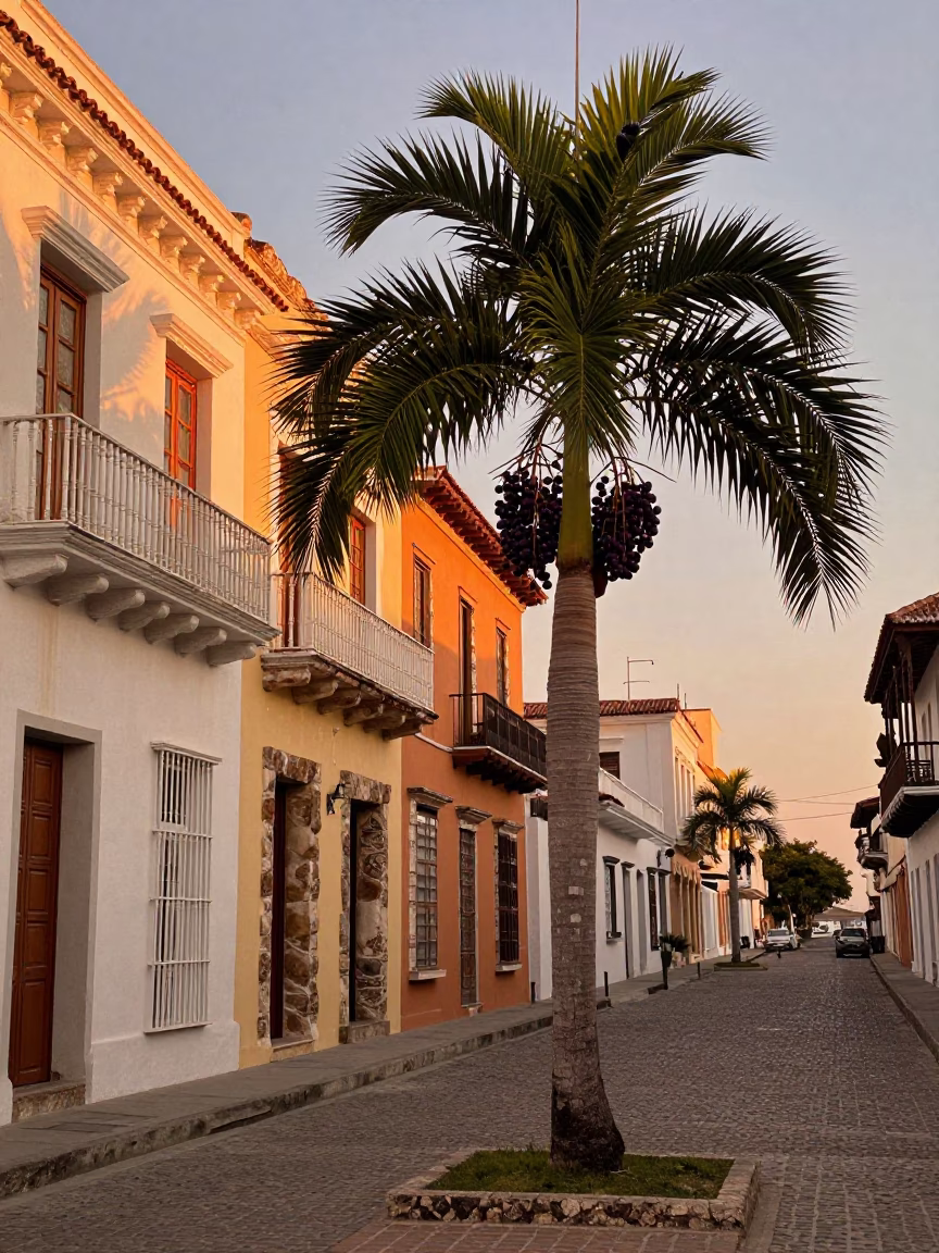 Cartagena Colombia Honeyed Evening Street Scene with Acai Palm and Local Life in in Cartagena, Colombia