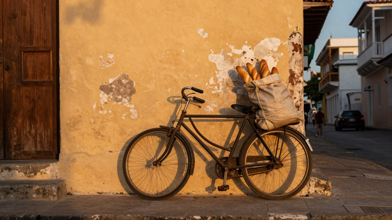 Cartagena Colombia honeyed evening street scene with bicycle and local architecture in in Cartagena, Colombia