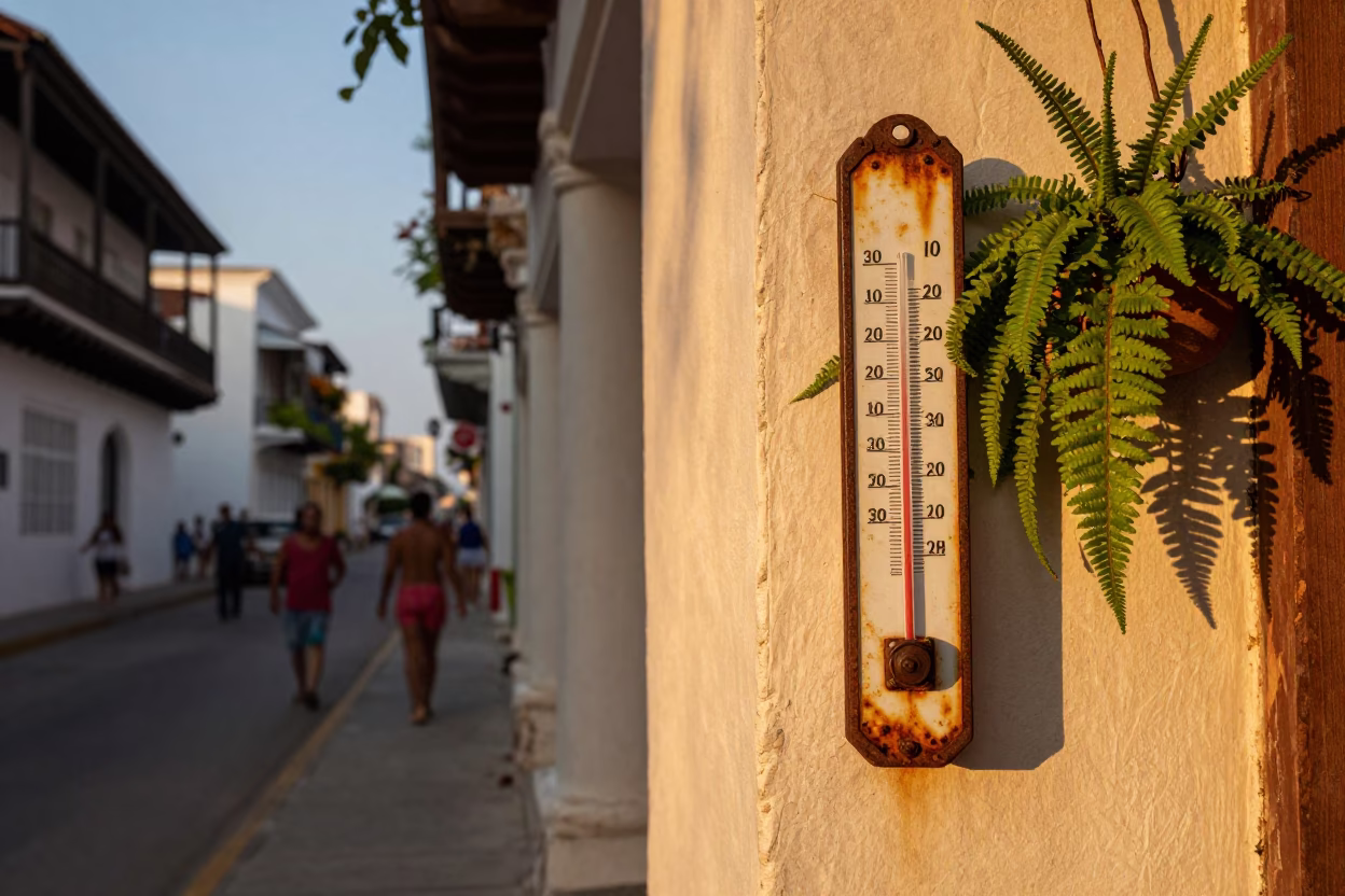 Cartagena Colombia Honeyed Evening Street Scene with Thermometer and Ferns in in Cartagena, Colombia