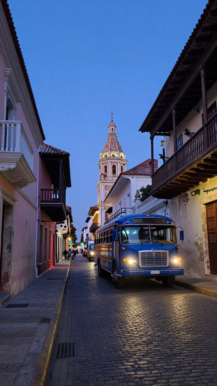 Cartagena Colombia indigo twilight street scene with classic bus and local activity in in Cartagena, Colombia