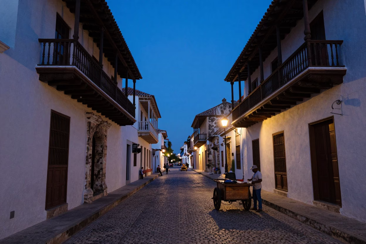 Cartagena Colombia indigo twilight street scene with colonial balcony and street vendor in in Cartagena, Colombia
