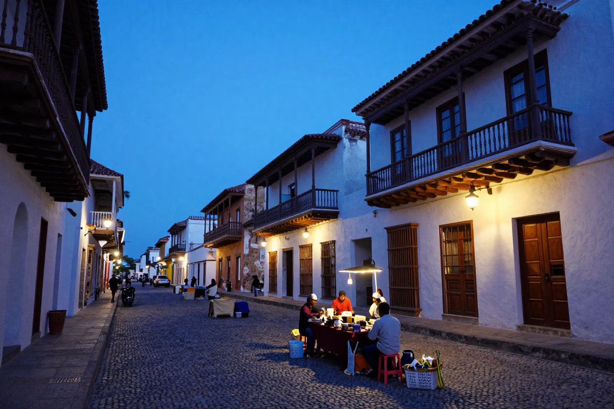 Cartagena Colombia indigo twilight street scene with colorful colonial balconies and local activity in in Cartagena, Colombia
