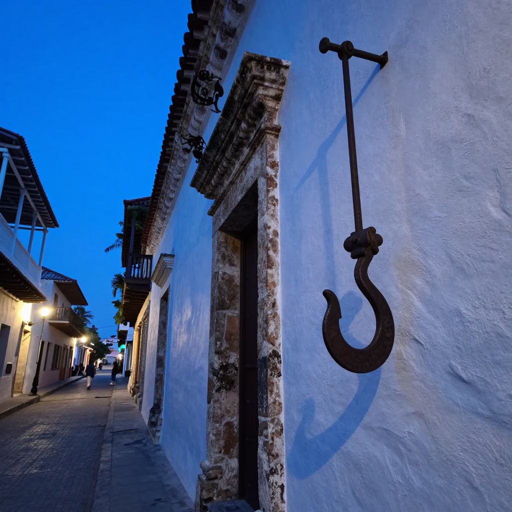 Cartagena Colombia indigo twilight street scene with iron hook and linen napkin in in Cartagena, Colombia