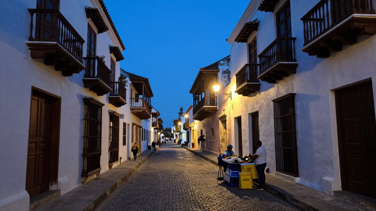 Cartagena Colombia indigo twilight street scene with local vendor selling crispy coxinhas in in Cartagena, Colombia