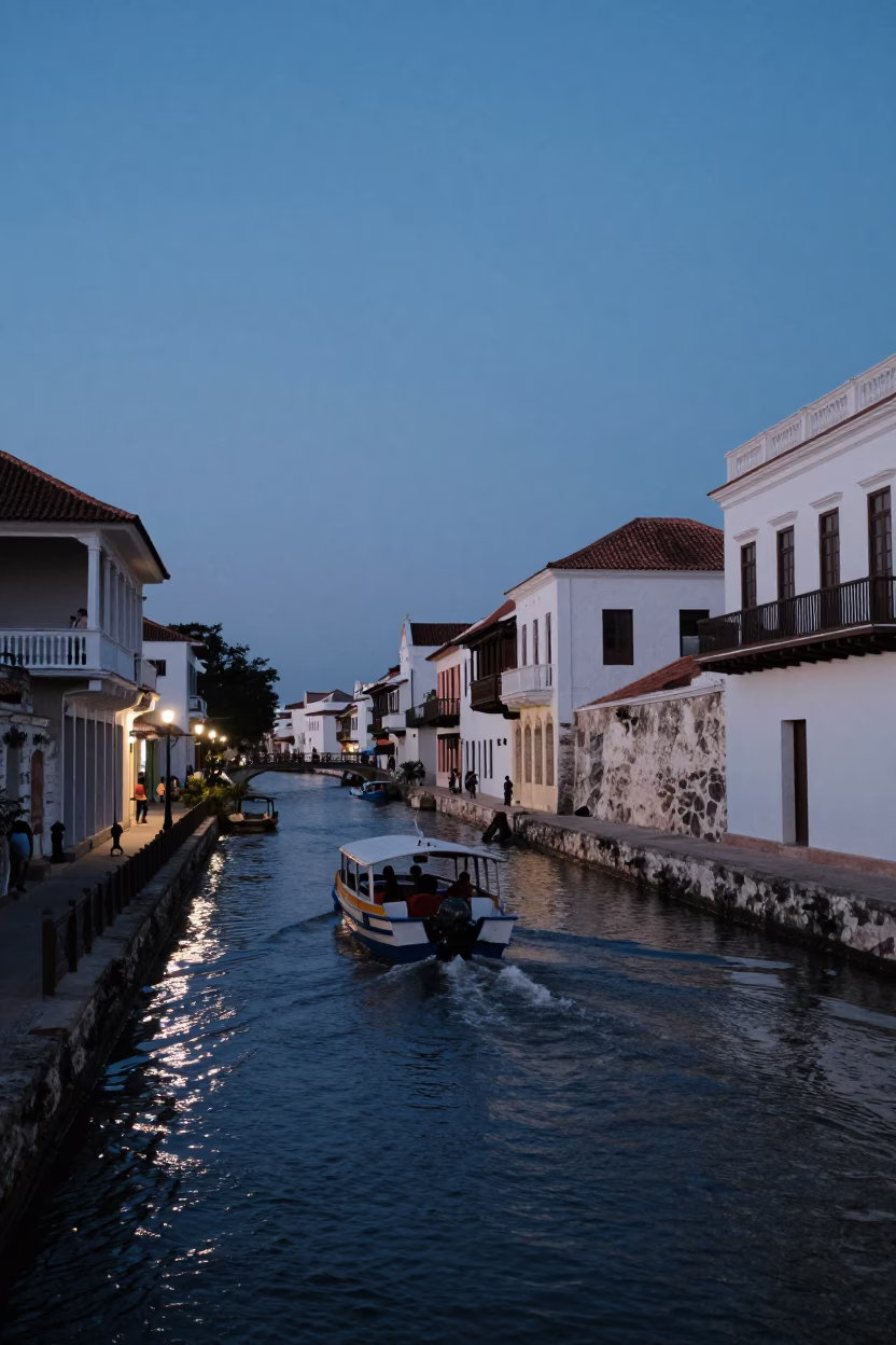Cartagena Colombia indigo twilight street scene with water taxi and canal houses in in Cartagena, Colombia