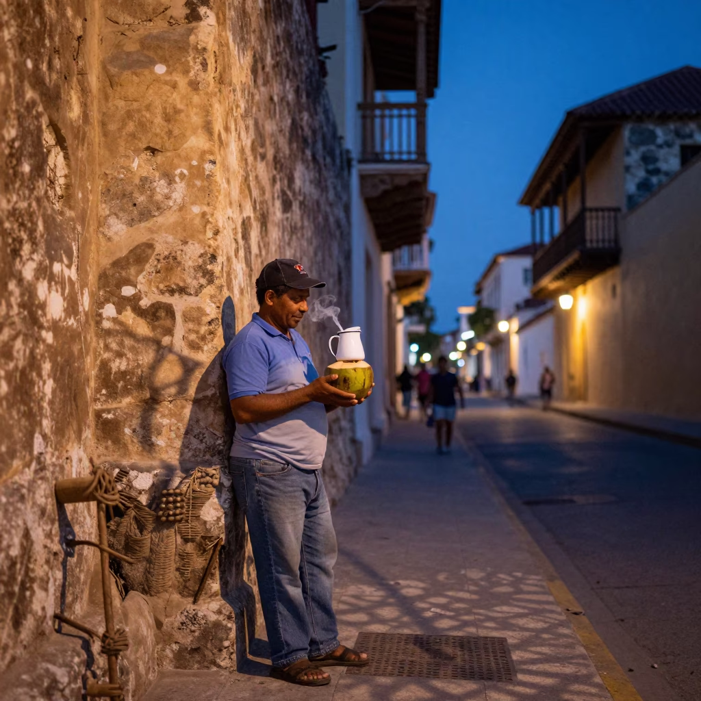 Cartagena Colombia Indigo Twilight Street Scene with Wicker Shadow and Enamel Pitcher in in Cartagena, Colombia