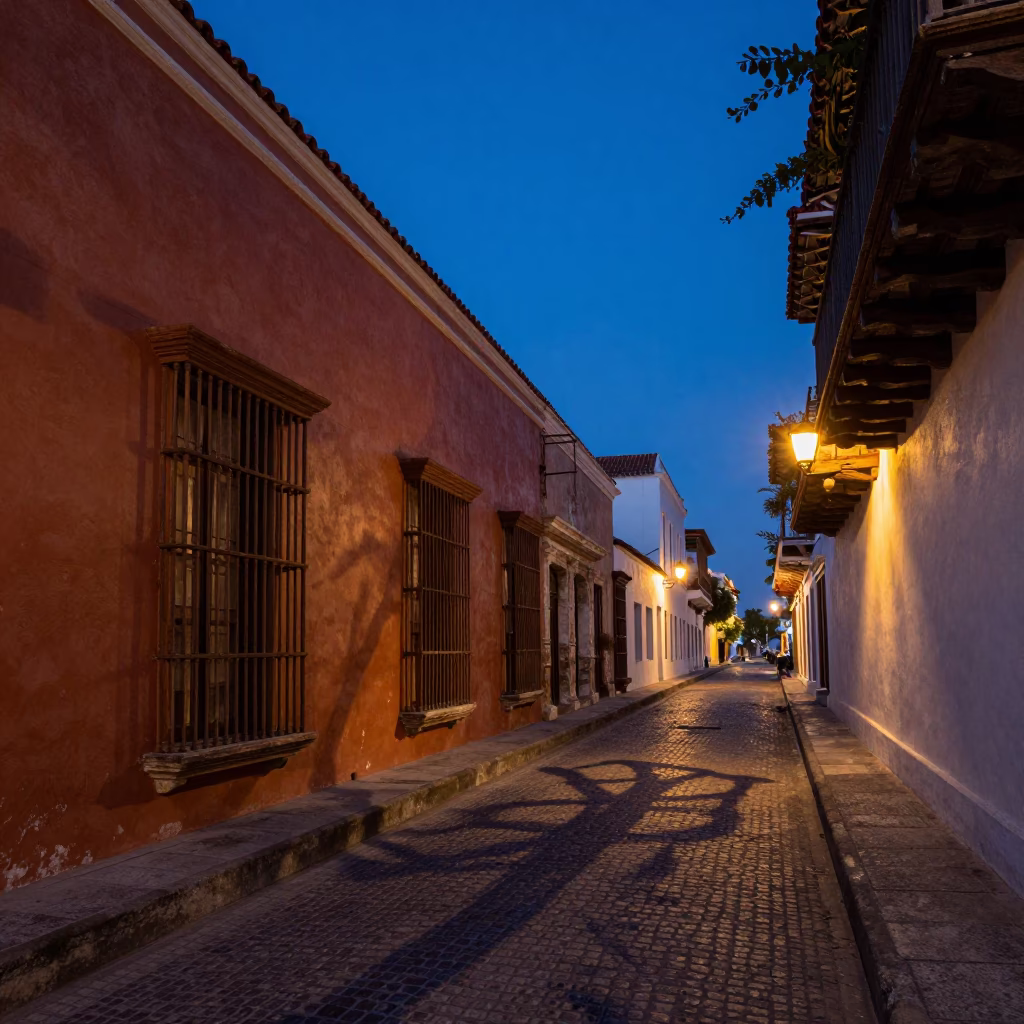 Cartagena Colombia indigo twilight street scene with wicker shadow on colonial plaster wall in in Cartagena, Colombia