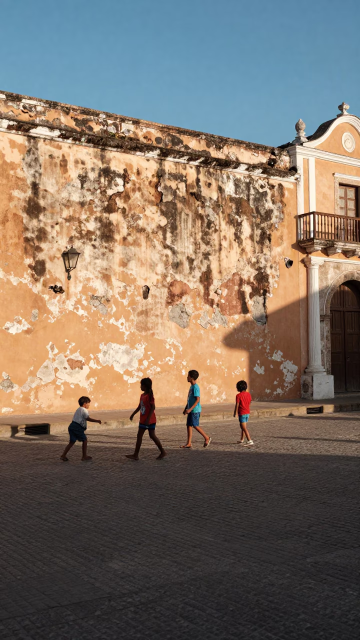 Cartagena Colombia Late Afternoon Street Scene with Children Playing Near Colonial Balconies in in Cartagena, Colombia