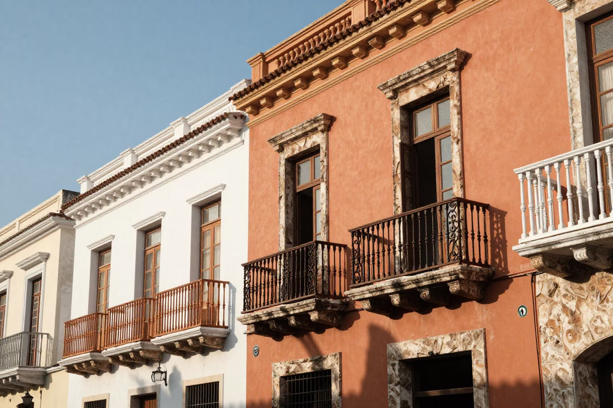 Cartagena Colombia Late Afternoon Street Scene With Colorful Architecture And Frangipani Branch in in Cartagena, Colombia