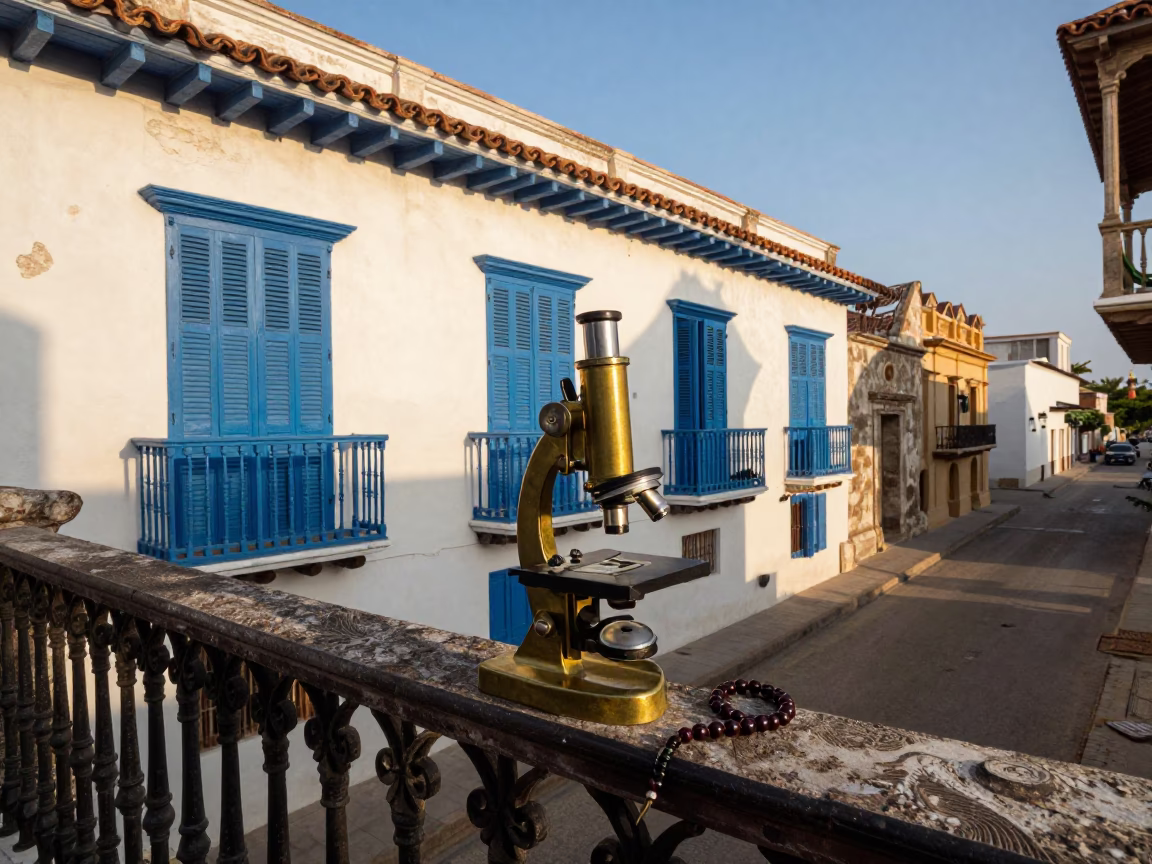 Cartagena Colombia Late Afternoon Street Scene with Vintage Brass Microscope on Balcony in in Cartagena, Colombia