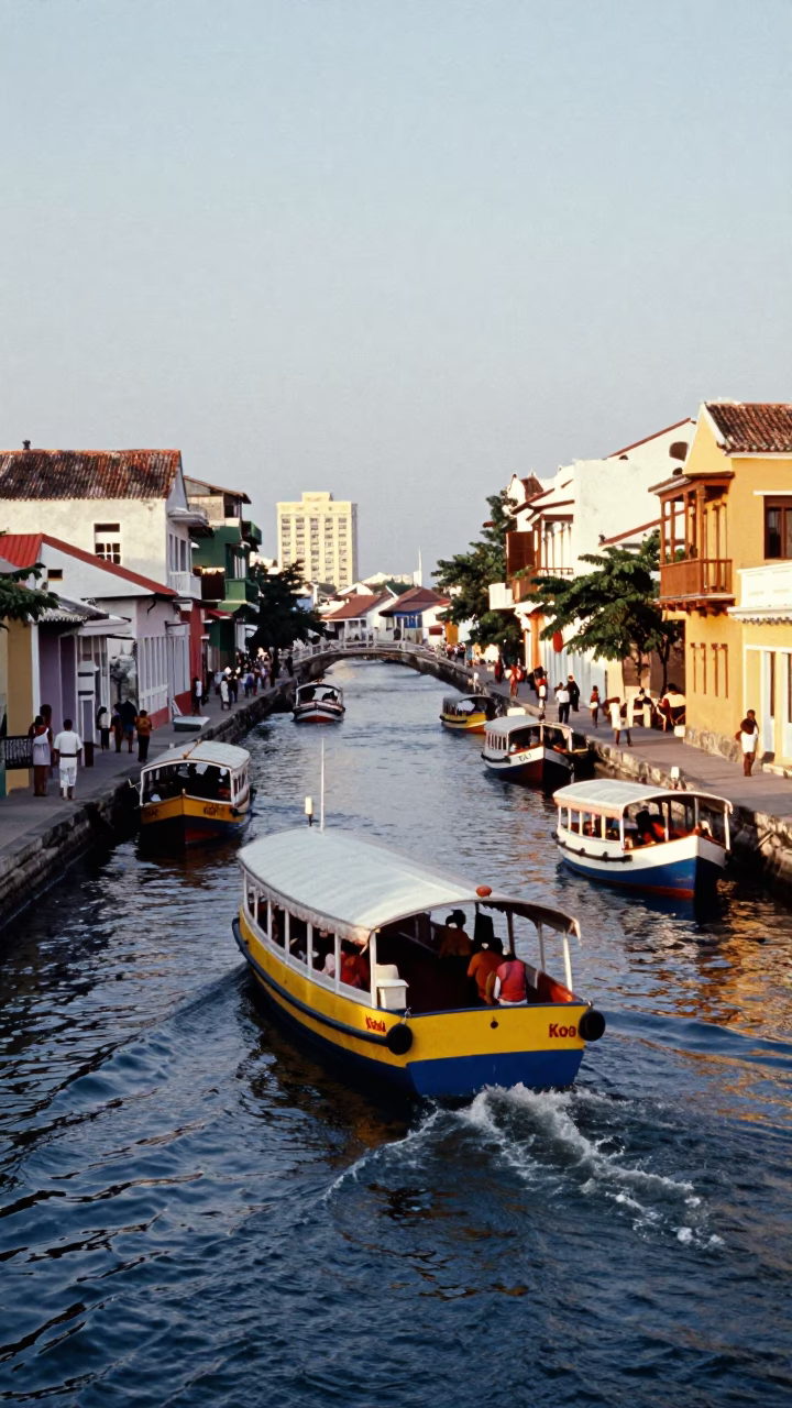 Cartagena Colombia Late Afternoon Street Scene with Water Taxi and Canal Houseboats in in Cartagena, Colombia