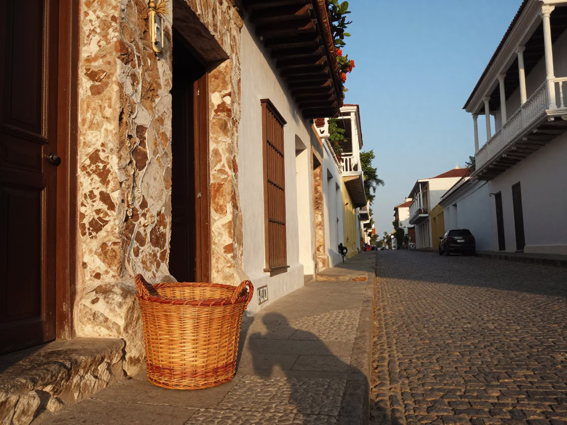 Cartagena Colombia Late Afternoon Street Scene with Wicker Hamper and Puddle Reflections in in Cartagena, Colombia